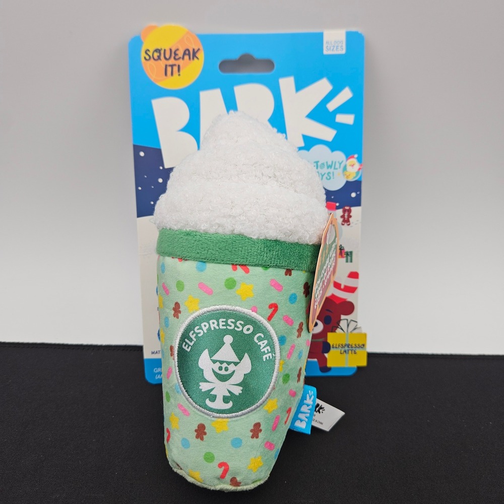 BarkBox Howly Jowly Holidays Elfspresso Latte Squeaky Crinkle Plush Dog Toy New